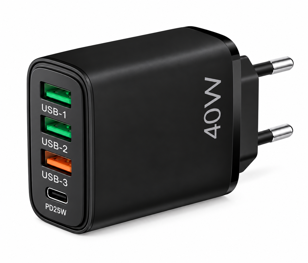 40W Vegglader – 3× USB-A + 1× USB-C